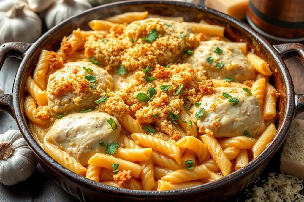 Garlic Parmesan chicken pasta bake