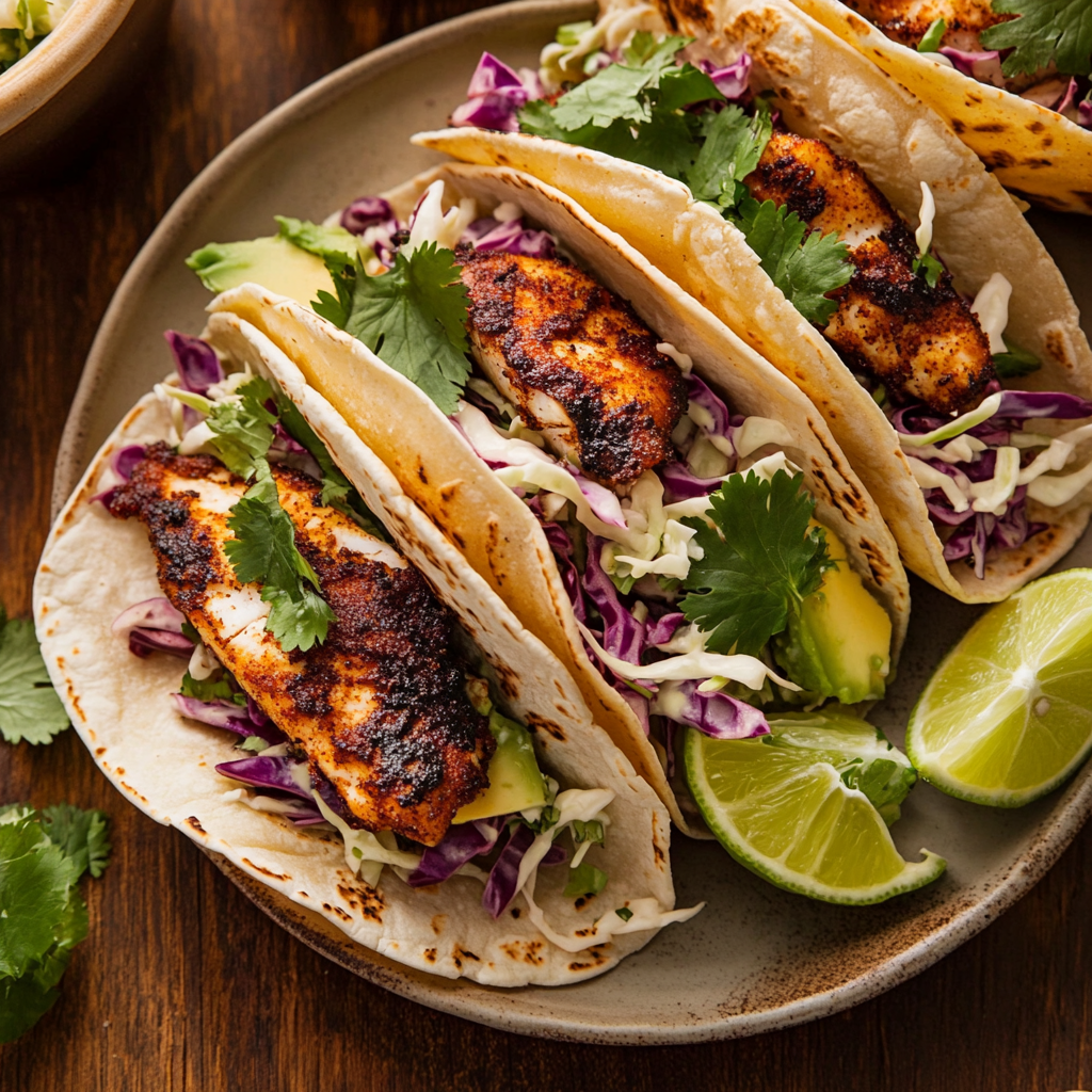 Blackened fish tacos served with lime and slaw