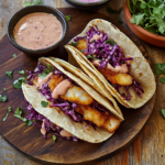 baja fish tacos with chipotle slaw on rustic plate