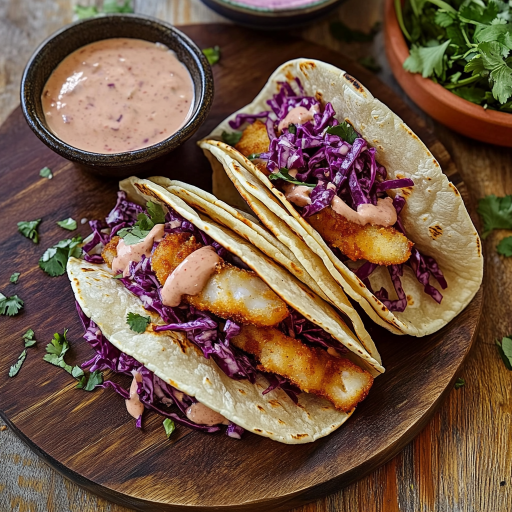 baja fish tacos with chipotle slaw on rustic plate