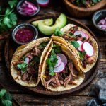 beef short rib tacos on rustic table