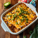 beef taco casserole in baking dish