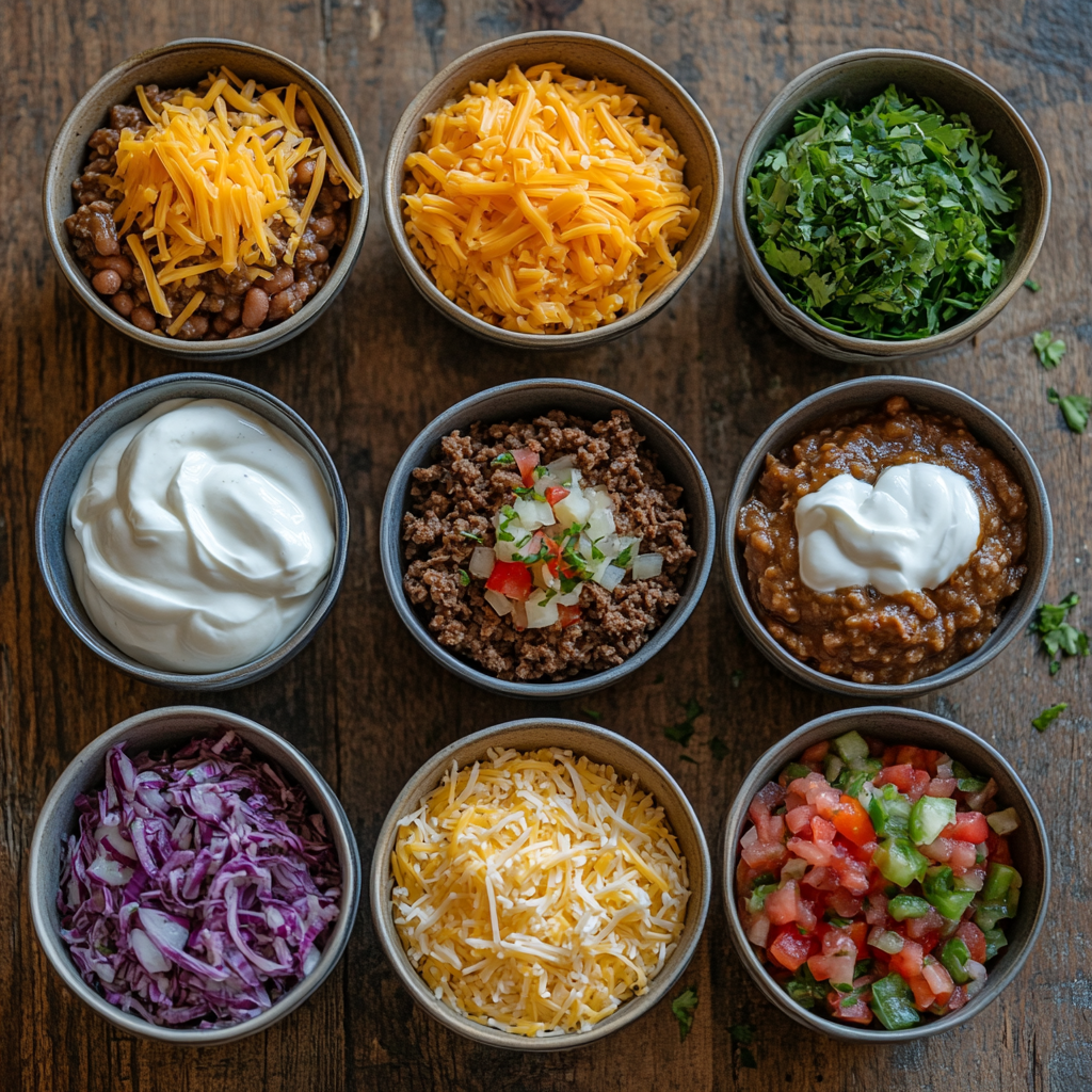 Beefy 5-Layer Burrito ingredients in bowls