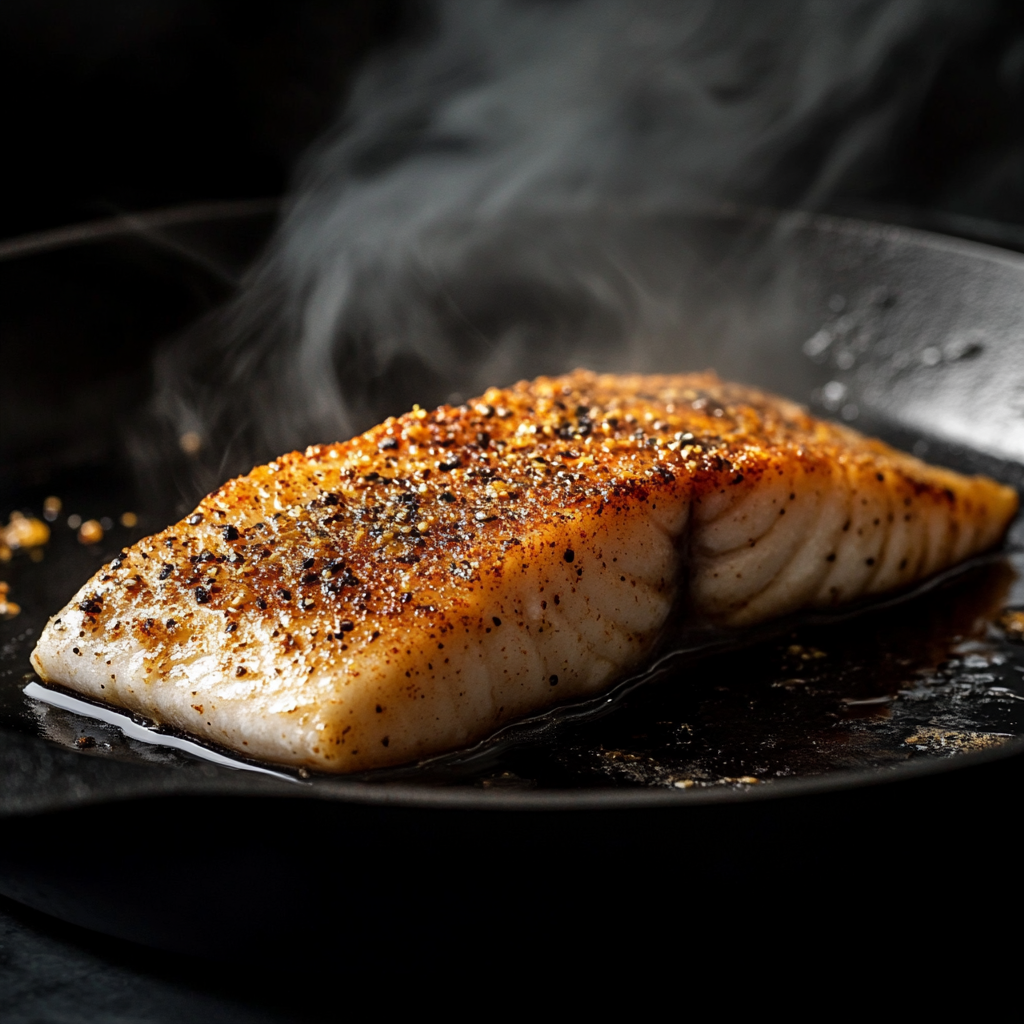 blackened fish searing in skillet