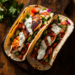 Blackened fish tacos on rustic table