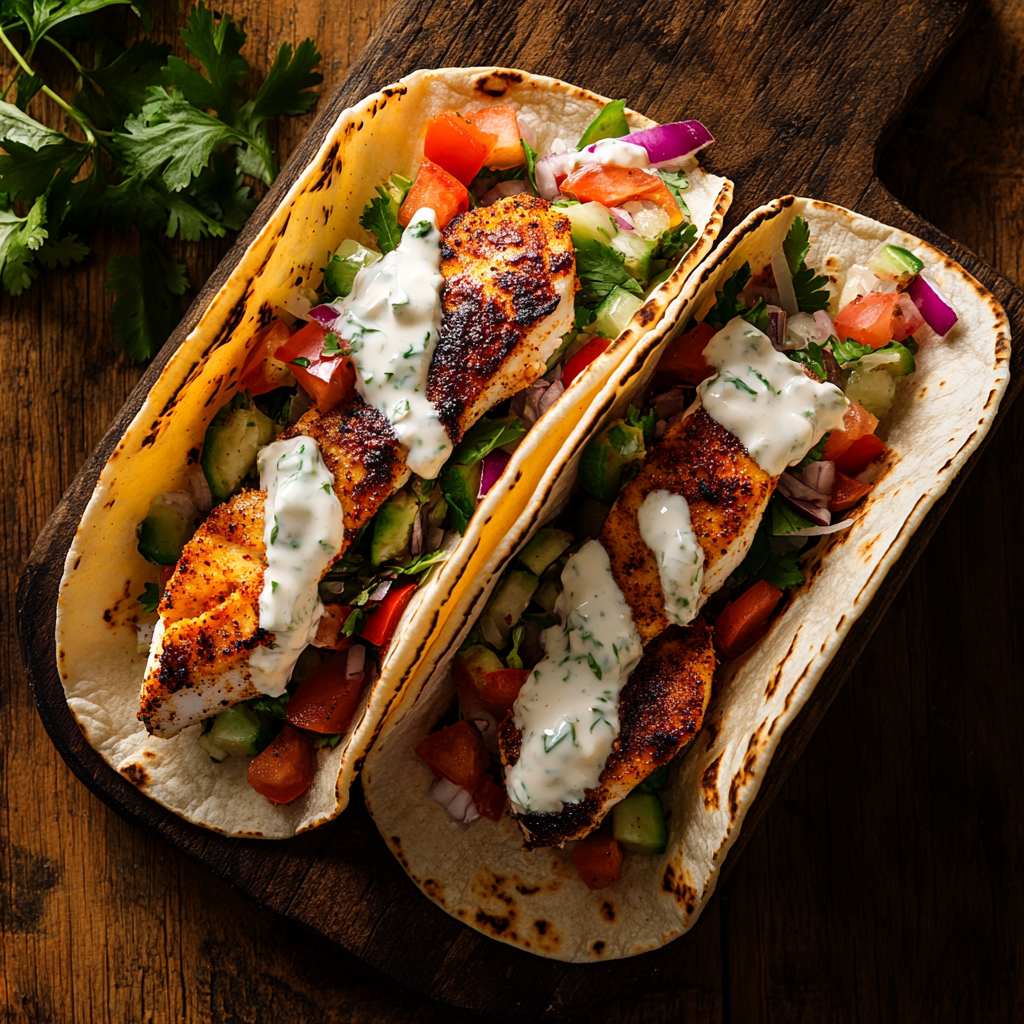 Blackened fish tacos on rustic table