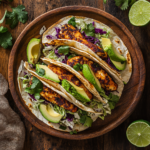 blackened fish tacos on rustic plate