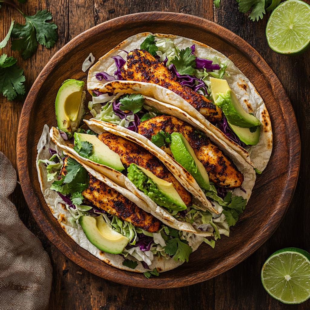 blackened fish tacos on rustic plate