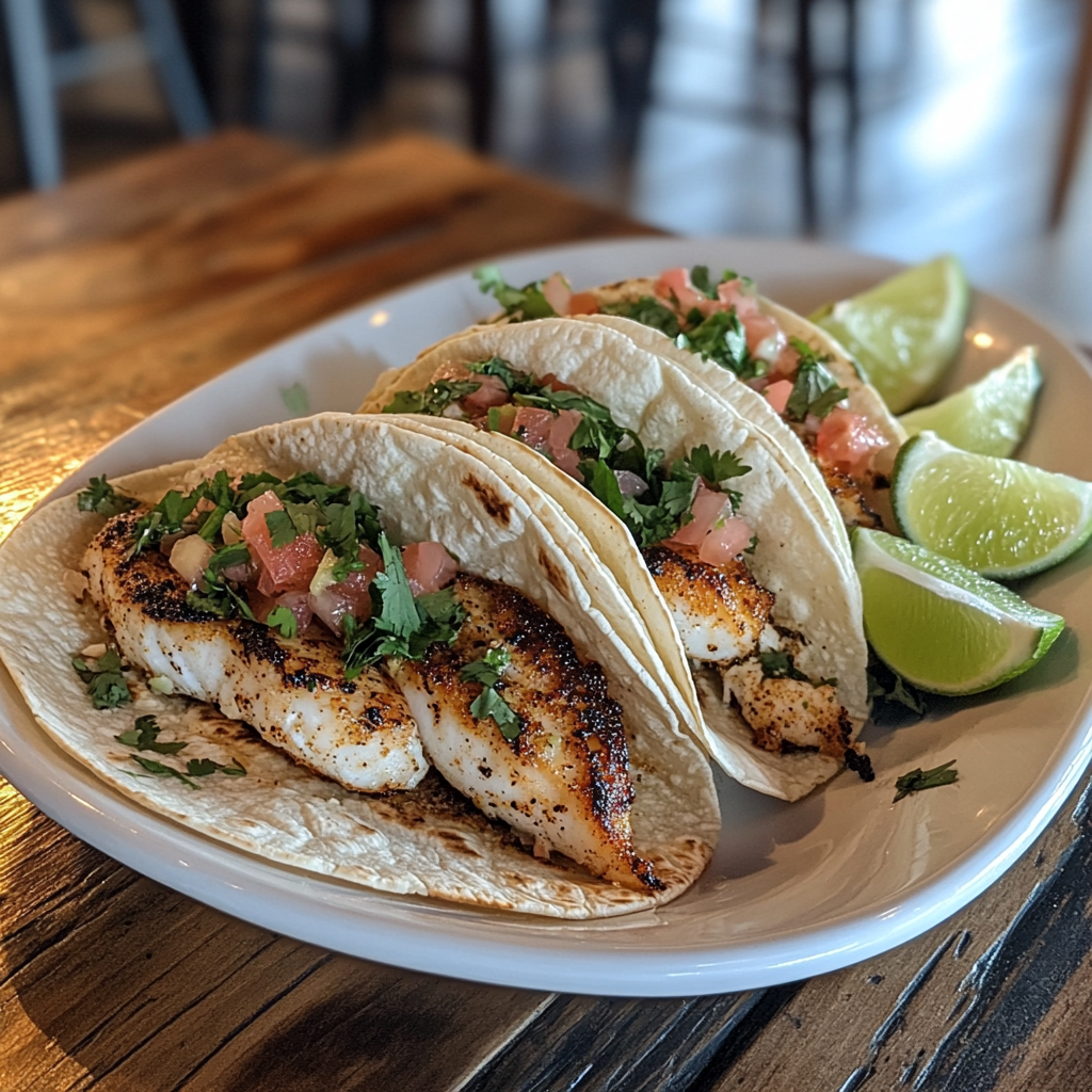 blackened fish tacos served with lime