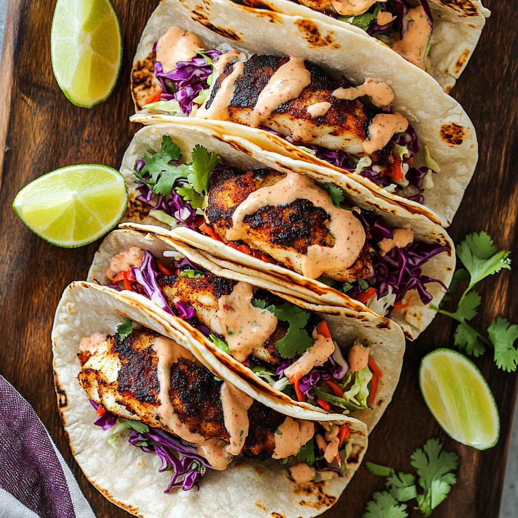 blackened fish tacos on a serving board