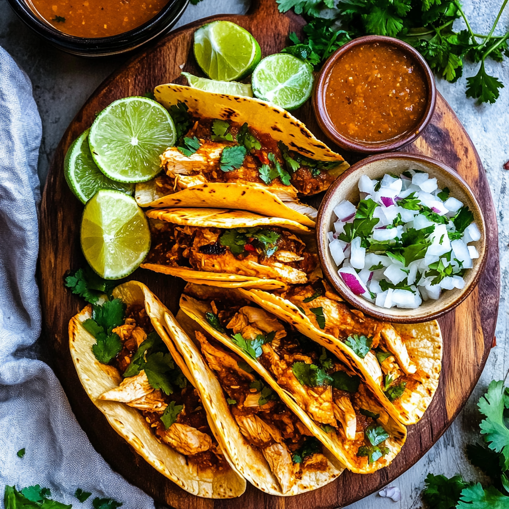 chicken birria tacos served with consomé and toppings