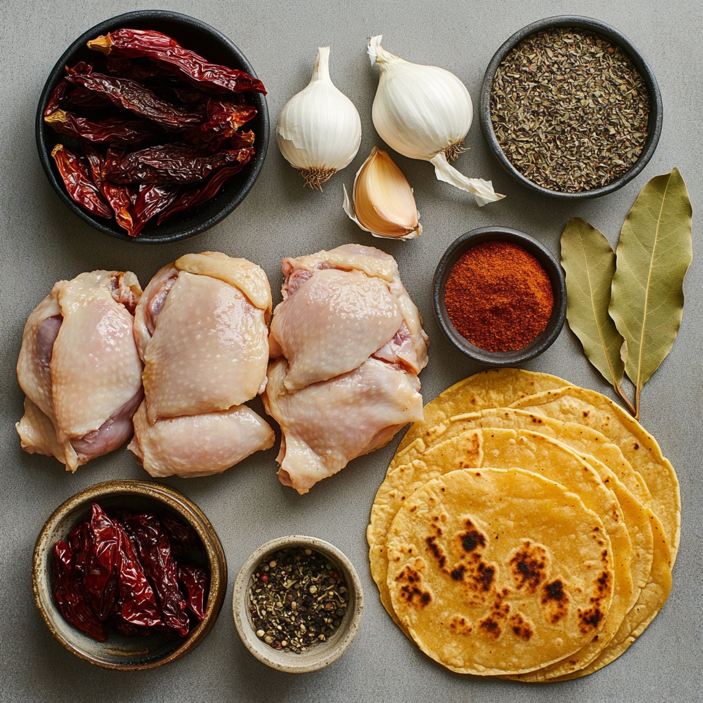 chicken birria taco ingredients flat lay
