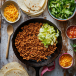 Ground chicken taco meat in skillet with toppings
