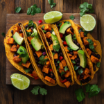 sweet potatoes and black bean tacos on rustic table