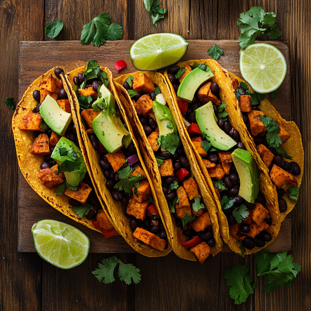  sweet potatoes and black bean tacos on rustic table