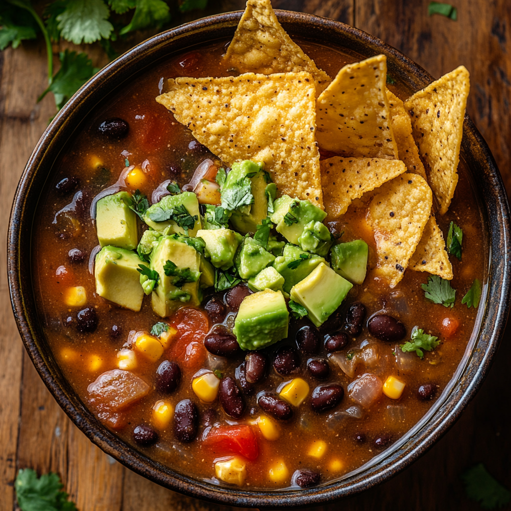 vegetarian taco soup in bowl with toppings