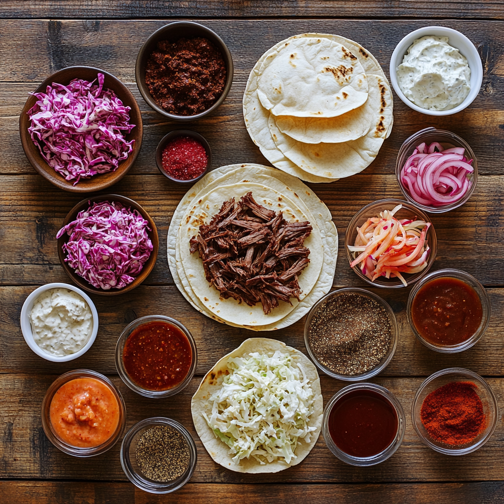 ingredients for bbq beef brisket tacos laid out on table