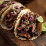 bbq beef brisket tacos served with toppings on wooden board