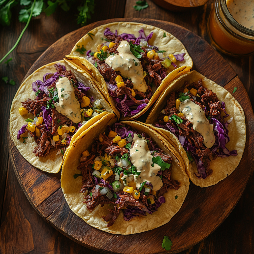 Corn beef tacos served on rustic table