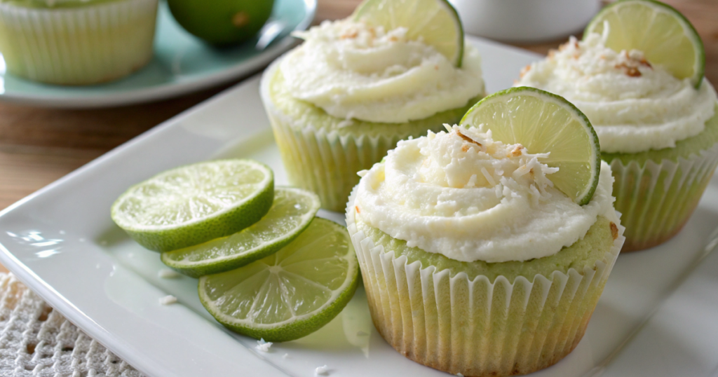 Fresh lime cupcakes with coconut frosting on a plate