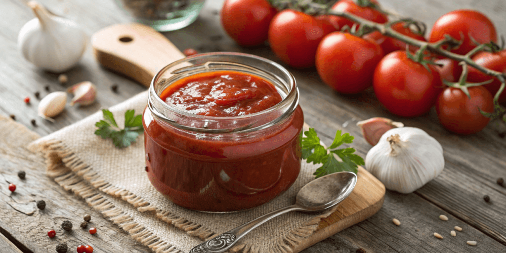 Fresh homemade ketchup in a jar made with tomato, garlic, and spices