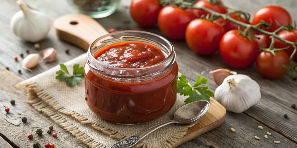 Fresh homemade ketchup in a jar made with tomato, garlic, and spices