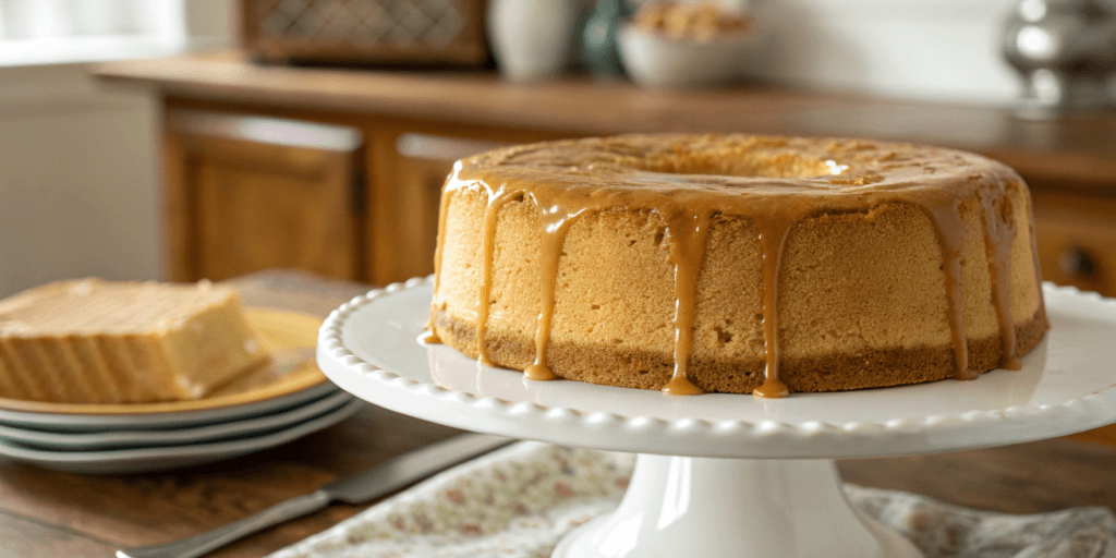 Freshly baked butterscotch pound cake on a cake stand