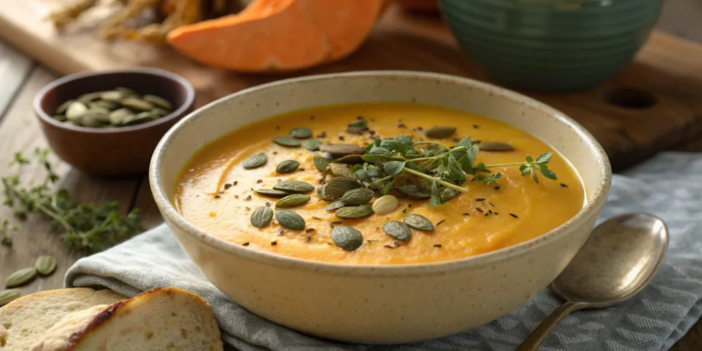Creamy butternut squash soup topped with pumpkin seeds